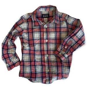 COPY - 3T boys plaid button down long sleeve shirt, blue & pink, white tcp